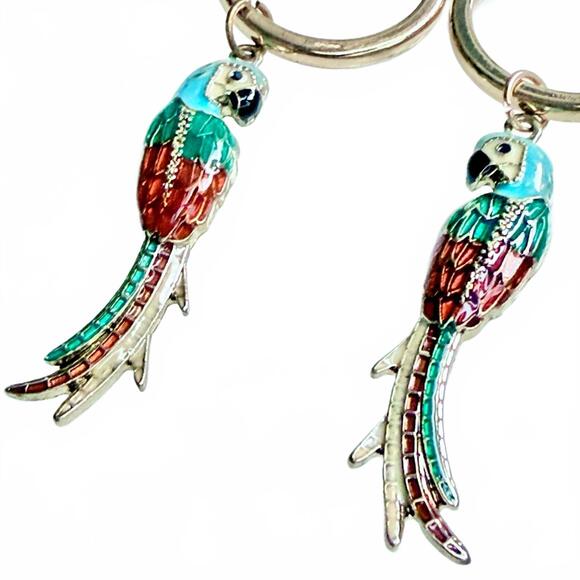 Y2K Tropical Enamel Parrot Drop Earrings Gold Hoop 2.75” Statement - Picture 4 of 6